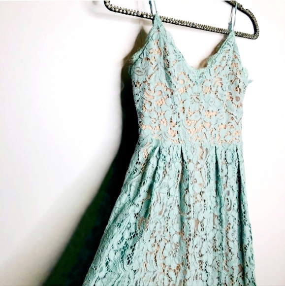 H&M Mint Green Lace Nude Spaghetti Strap Midi Event Dress Women's Size 4 Small S - Picture 7 of 12
